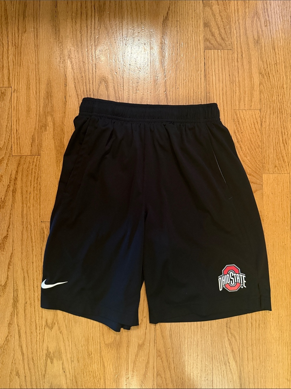 Nike Kids Black Athletic Shorts with White Swoosh and Red Ohio State Logo